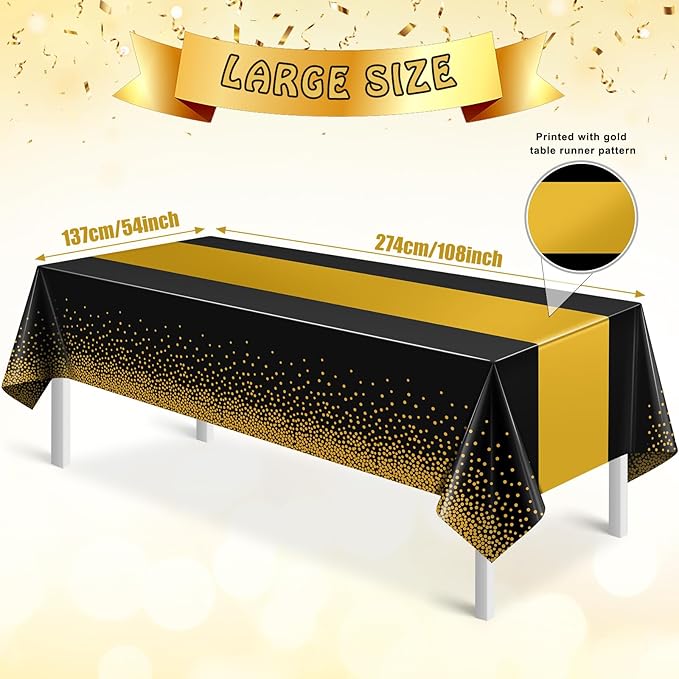 6Pcs Black and Gold Tablecloth Party Decorations,Plastic Black Table Cloth Printed Gold Table Runner Disposable Rectangle Table Cover for Birthday Retirement Anniversary Graduation Party,54 x108 Inch
