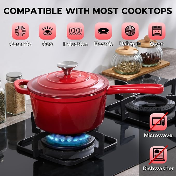 Onader 2QT Saucepan with Lid, Enameled Cast Iron Sauce Pan Pot, Small Dutch Oven Cooking Kitchen Pot, Nonstick & Heavy Duty ??Red