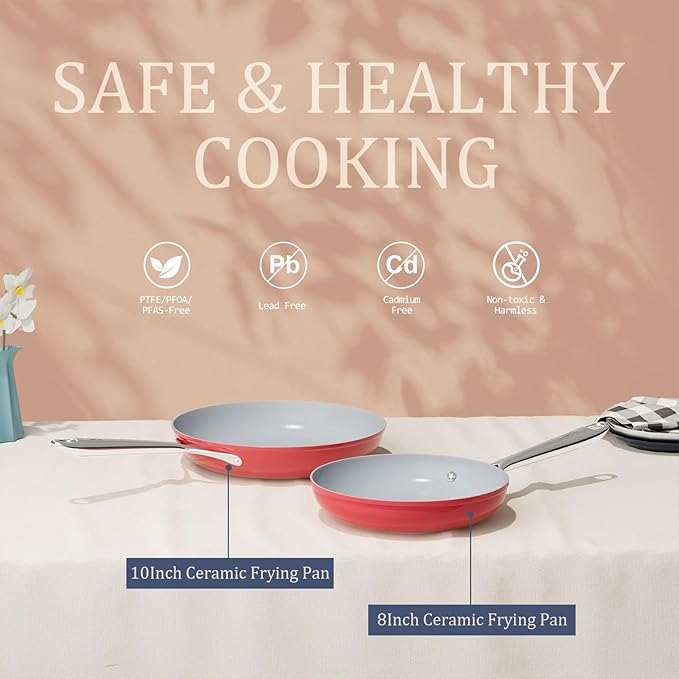 Nonstick Ceramic Frying Pan 8 inch for All Cooktops, Healthy PFAS Free Egg Pan, Even & Quick Heat Distribution Oven Safe to 500째F, Healthy Non Toxic Skillet w/ Ergonomic Stay-Cool Handle, Fusion Red