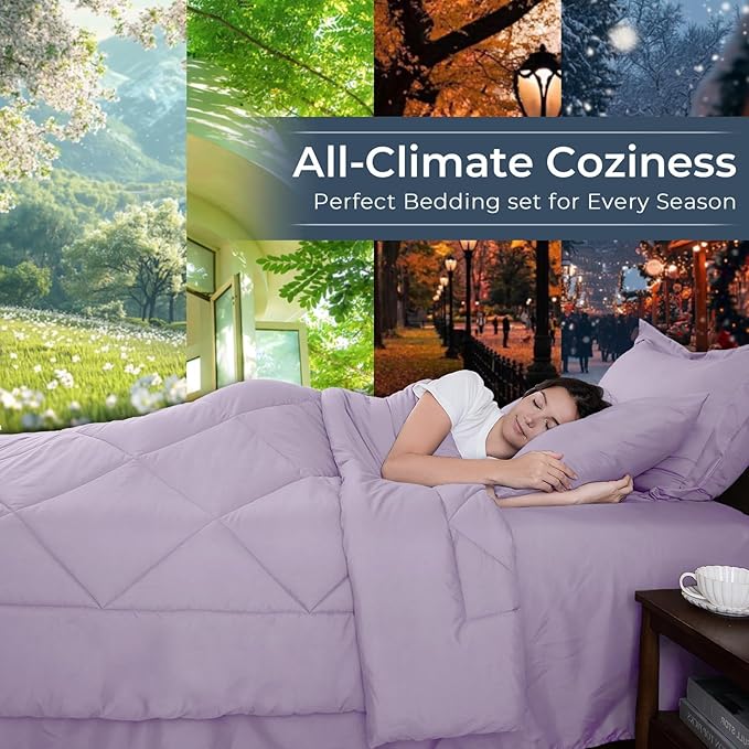 HEVUMYI Twin Purple Comforter Set - 5-Piece All Season Bed in a Bag Twin, Ultra Soft Bedding Set with Comforter, Flat Sheet, Fitted Sheet, Pillowcases, Pillow Shams, Lavender Purple