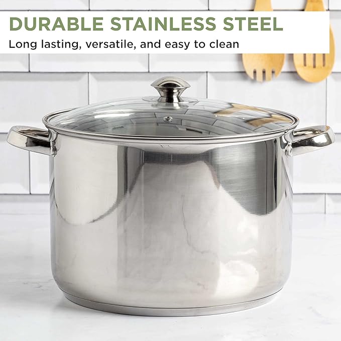 Ecolution Pure Intentions Stock Pot - Features Tempered Glass Lid, Stay-Cool Handles, and Encapsulated Bottom - Oven Safe - Curbside Recyclable Stainless Steel - 12 Quarts