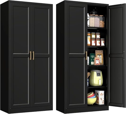 Pantry Cabinet, 71 Inch Tall Kitchen Storage Cabinet, Metal Pantry Cabinet with Doors and Adjustable Shelves, Black Food Cupboard, Freestanding Cabinet for Living&Dinning Room, Assembly Required