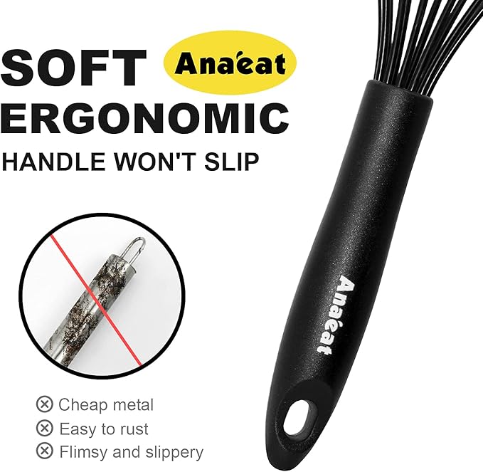 Anaeat Silicone Kitchen Whisk Set of 4, Perfect for Non-Stick Cookware, Egg Beater Milk Blender for Whisking, Cooking, Baking, Beating - 11'' Flat Whisk and 9''+11''+12'' Balloon Whisks (Black)