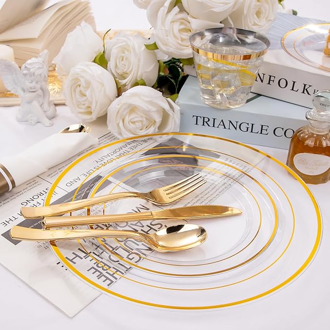 DaYammi 350PCS Clear Gold Plastic Dinnerware Set for 50 Guests Gold Plates Disposable Include: 50 Dinner Plates, 50 Dessert Plates,50 Pre Rolled Napkins with Gold Silverware,50 Cups for Party Wedding