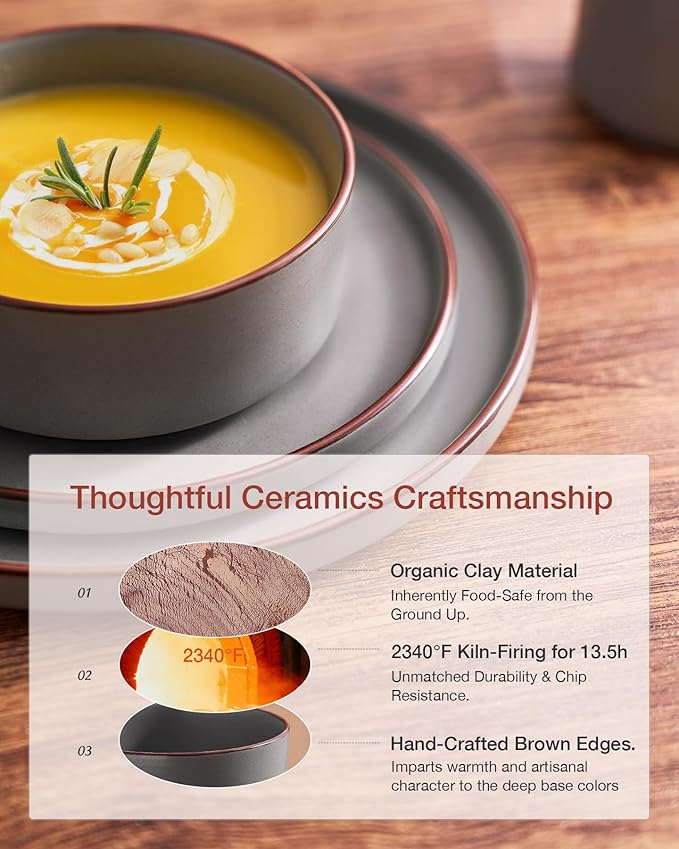 Famiware Nebula Ridge Stoneware Dinnerware Sets for 8, 24 Pieces Plates and Bowls Sets, Dishes Set, Microwave and Dishwasher Safe Kitchen Plates, Dark Gray