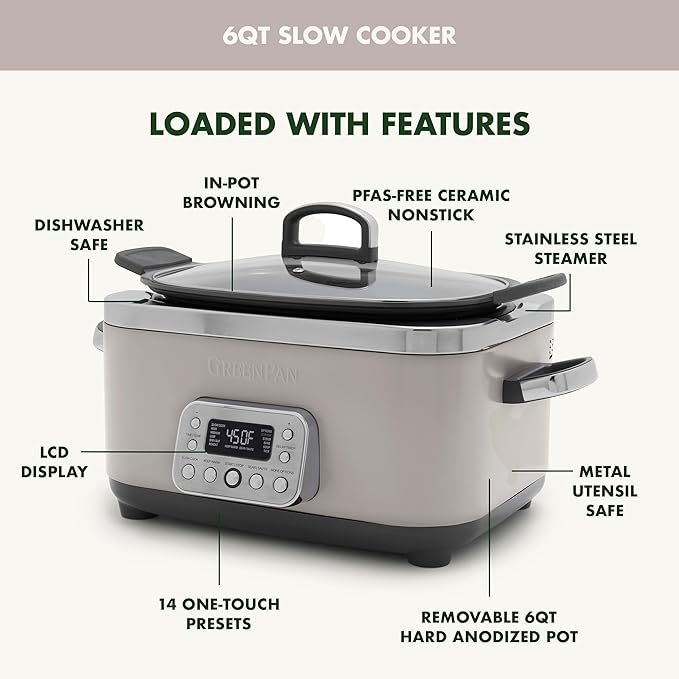 GreenPan Elite 14-in-1 Programmable 6QT Electric Slow Cooker, Dishwasher Safe Lid & Removable Crock, PFAS-Free Healthy Ceramic Nonstick Multi-Cooker, Sear, Saut챕, Brown, Steam Basket, Roast, Clay