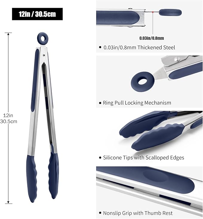 Doosu Kitchen Tongs for Cooking - 600째F Heat Resistant Food Tong with Non-Scratch Silicone Tips, Heavy Duty Stainless Steel Locking Tong for BBQ, Grilling Steak, Serving Salad Pasta (12in, Navy Blue)