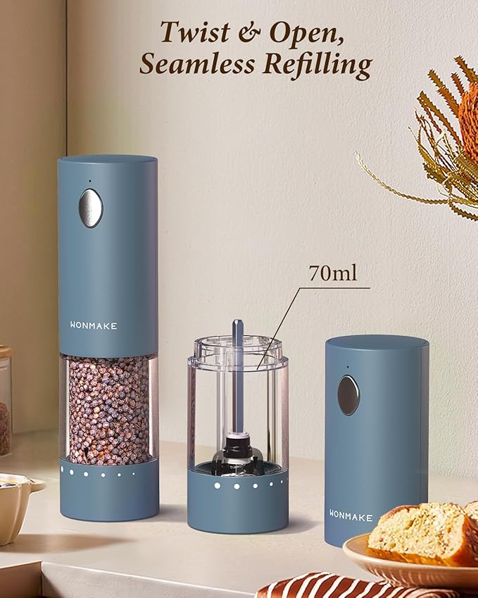 Electric Salt and Pepper Grinder Set - Automatic Refillable Salt and Pepper Grinders with Charging Base & LED Light, 6-Level Adjustable Coarseness with External Dial, Ideal Kitchen Gadget竊똁lue
