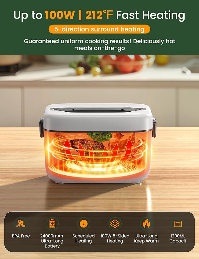 Cordless Electric Lunch Box, 1.2L Battery Powered Heated Lunch Box ??100W, 24000mAh Rechargeable Portable Self-Heating Food Warmer with 5-Sided Automatic Heating for Outdoors, Truck, Office, BPA-Free