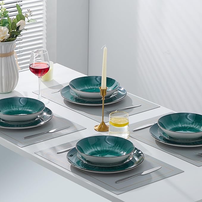 Bestone Porcelain Dinnerware Sets Service for 4, 12 pcs Hand drawn Plates and Bowls Sets, Handmade Ceramic Dish Set, Chip Resistant Modern Plate Set, Dishwasher/Microwave Safe竊똕tarburst Green