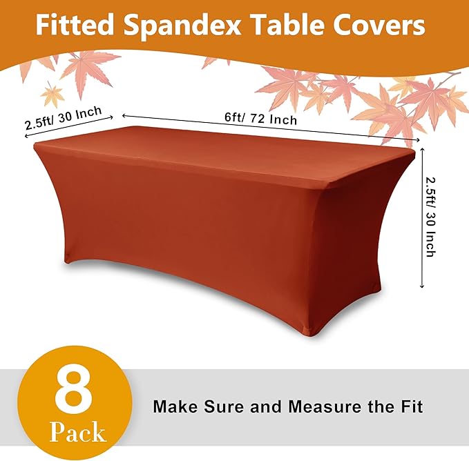 Enjoyidea Table Cover for 6 Foot Rectangle Tables-8 Pack Rust Fitted Stretch Fall Tablecloth-Spandex 6ft Thanksgiving Tablecloths for Party, Vendor Booth Display, Banquet Event, Craft Trade Show