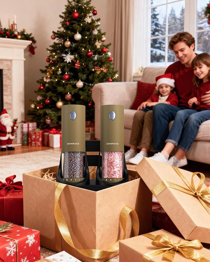 Electric Salt and Pepper Grinder Set - Automatic Refillable Salt and Pepper Grinders with Charging Base & LED Light, 6-Level Adjustable Coarseness with External Dial, Ideal Kitchen Gadget竊똁rown