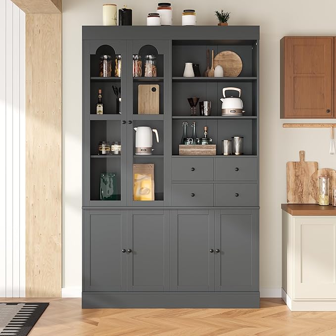 75-inch Tall Kitchen Pantry Cabinet, Freestanding Buffet with Hutch, Storage Cabinet with 4 Drawers, Door Shelves and Pull-Out Trays for Dining Room (Gray + MDF + Farmhouse)