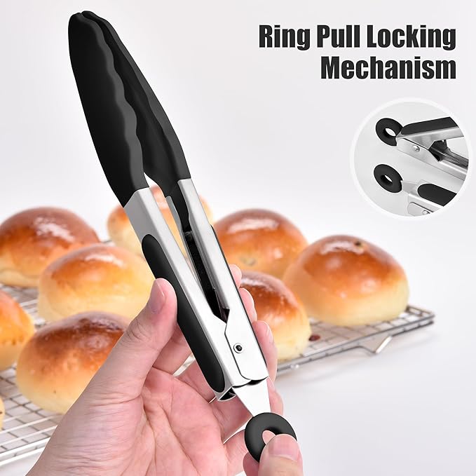 Doosu Kitchen Tongs for Cooking - 600째F Heat Resistant Food Tong with Non-Scratch Silicone Tips, Heavy Duty Stainless Steel Locking Tong for BBQ, Grilling Steak, Serving Salad, Pasta (7in, Black)