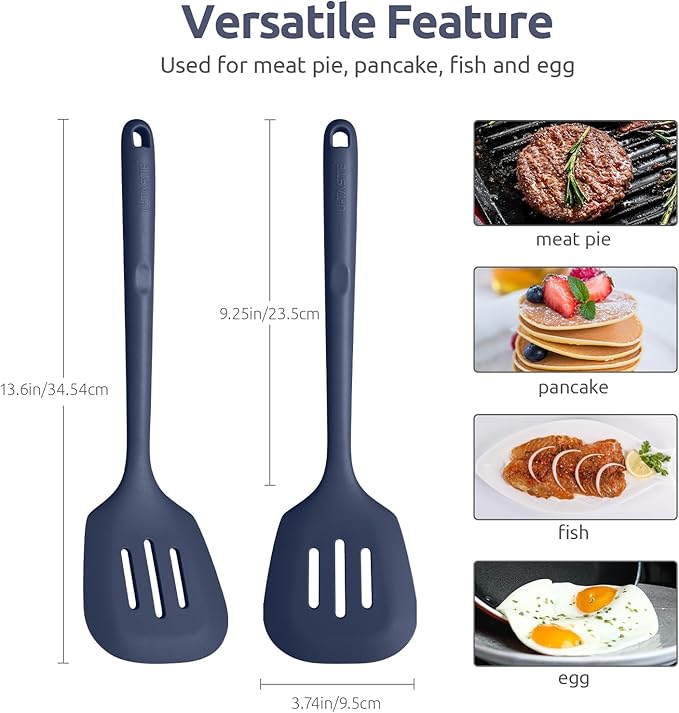 600쨘F Heat Resistant Slotted Turner: U-Taste 13.6" Silicone Kitchen Spatula Flipper, 3.74in Wide Food Grade Flexible Rubber Cooking Utensil for Egg, Pancake, Cookie, Nonstick Cookware-Midnight Blue