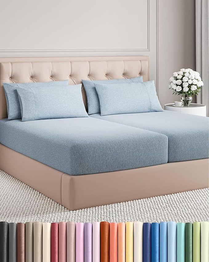 Split King 7 Piece Sheet Set - Cooling & Breathable Bed Sheets - Hotel Luxury Bed Sheets for Women, Men, Kids & Teens - Deep Pockets - Easy Fit - Soft & Wrinkle Free - Split King Heathered Blue Sheets
