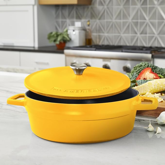 All American 1930 - Dutch Oven - The Saucier Set, Mustard Yellow - 5.5qt Capacity - Perfect for Sauces, Soups & Simmering - Non Stick & PFAS Free - Made in the USA