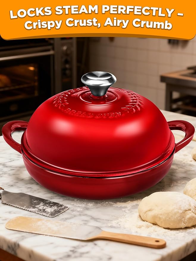 Dutch Oven Bread Baking Pot with Lid 6QT Enameled Cast Iron Oven, Gradient Red Design & Complete Sourdough Kit (Banneton Basket, Dough Tools, Silicone Sling) for Artisan Bread Making
