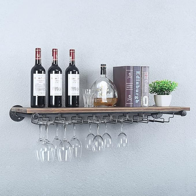 Industrial Wine Rack Wall Mounted with 5 Glass Holder,Wine Glass Rack Floating Wine Glass Shelf,36in Pipe Shelving Hanging Wood Shelves