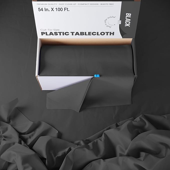 Party Solids 54 Inch X 100 Feet Black Plastic Table Cover Roll in A Cut - to - Size Box with Convenient Slide Cutter. Cuts Up to 12 Rectangle 8 Feet Plastic Disposable Tablecloths