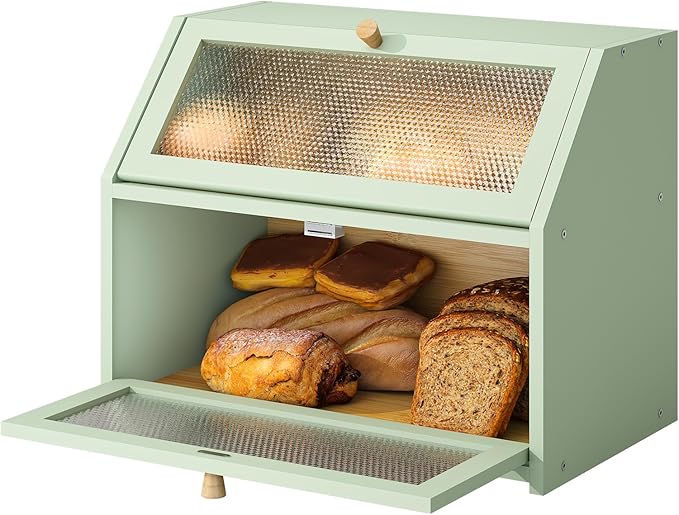Bread Box for Kitchen Countertop Bin Double Layer Bread Box Storage Container Extra Large Capacity Farmhouse with Diamond Pattern Windows (Green, Large)