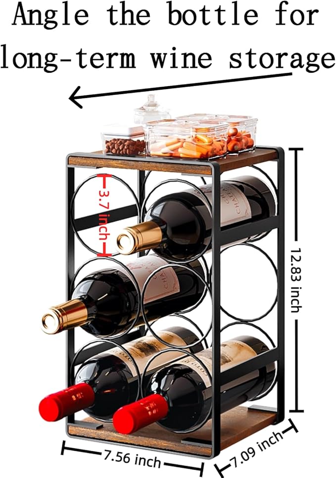 Wood Countertop Wine Rack No Need Assembly 6 Bottles Black + Rustic Brown