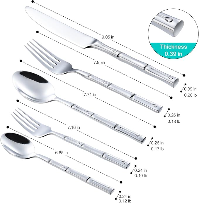 Silverware Set Stainless Steel Flatware Set 40 Pieces Cutlery Set Bamboo Handle Mirror Finished for Home Kitchen Restaurant Hotel Cutlery Set Service for 8