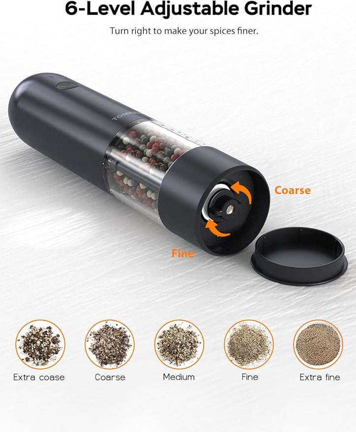 TOMEEM Electric Salt and Pepper Grinder Set with LED Lights ??Rechargeable Automatic Pepper and Salt Mill with 6 Adjustable Coarseness for Kitchen, BBQ & Gifts