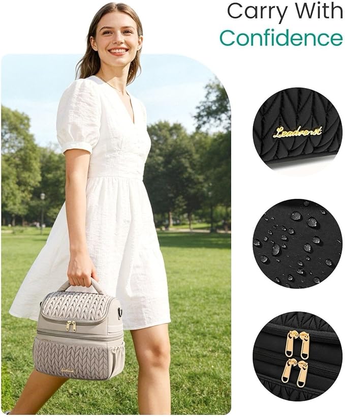LEADVENST Lunch Bag Women, Double Deck Insulated Lunch Box - Large Capacity 12L with Detachable Divider for Tall Items, Leakproof, Durable & Reusable Cooler Bag For Work Picnic Travel, Quilted Black