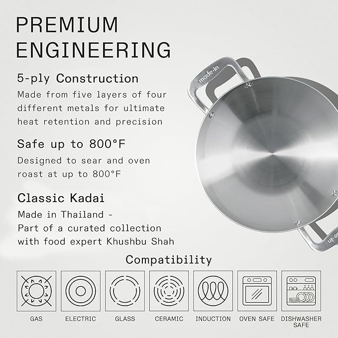 Made In Cookware - 10" Stainless Steel Kadai Pan - 5 Ply Stainless Clad - Professional Cookware - Induction Compatible