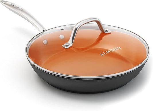 Nonstick Ceramic Copper Frying Pan: Non Stick Skillet with Glass Lid - Round Aluminum Saute Pan For Gas, Electric and Induction Cooktops - 10 Inches