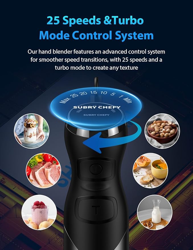 1000W Immersion Blender Handheld ??25-Speed, Stainless Steel, Hand Blender, Corded Hand Mixer with Heavy-Duty Copper Brushless Motor (Silver)