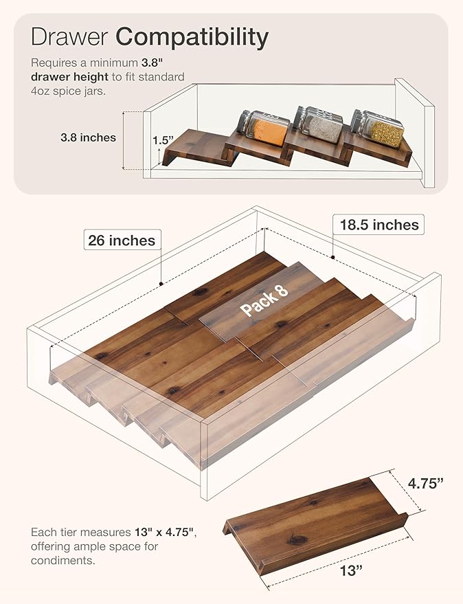Tinamo Acacia Wooden Spice Rack Organizer for Cabinet - Spice Drawer Insert, Spice Organization for Cabinet, Seasoning Organizer, Spice Holder Pack of 8 (Walnut, Pack 8)