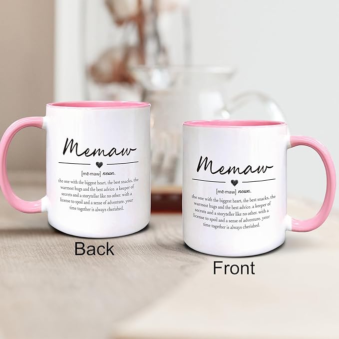 QASHWEY Memaw Gifts Coffee Mug, Mothers Day Coffee Mug Gifts for MemawGrandma, Grandma Gifts CoffeeMugs, Memaw Mugs Tea Cup Gift for GrandmaMemaw, Memaw Definition Coffee Cups Ceramic 11oz(Pink)