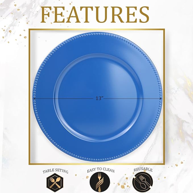 Set of 12 Plastic Blue Charger Plates, Elegant Chargers for Table Dinner Decoration, Wedding, Holiday,13"