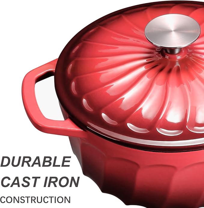 Enameled Cast Iron Dutch Oven with Lid, 6 QT Dutch Oven, Heavy Duty Cast Iron Pot for Sourdough Bread Baking, Braising, Cook, Bake, Oven Safe across All Cooktops (Red,6 QT)