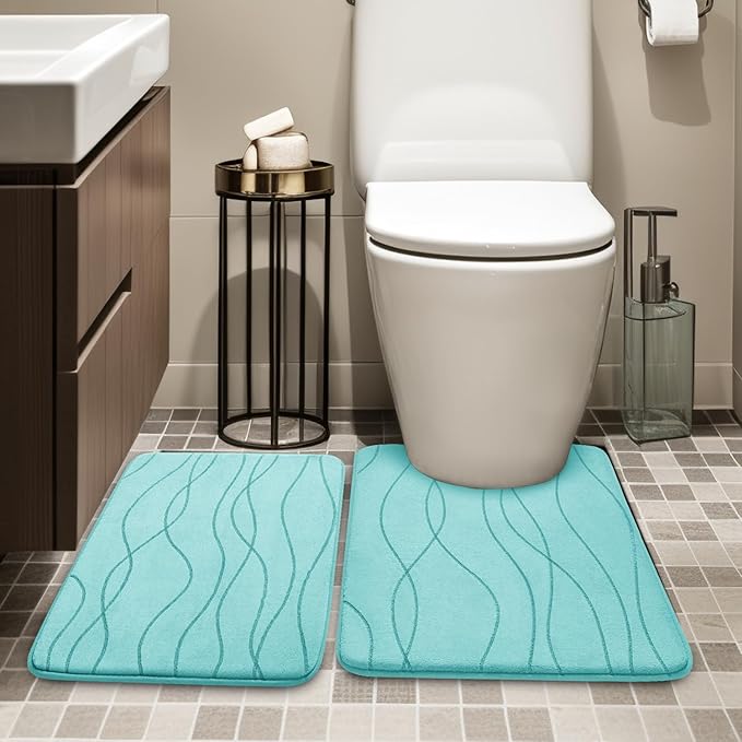 YIHOUSE Memory Foam Bathroom Rug Sets 2 Piece, Ultra Absorbent Bath Mat for Bathroom - Non-Slip Machine Washable & Dry Quickly, 2 Piece Bathroom Mat Set,Teal