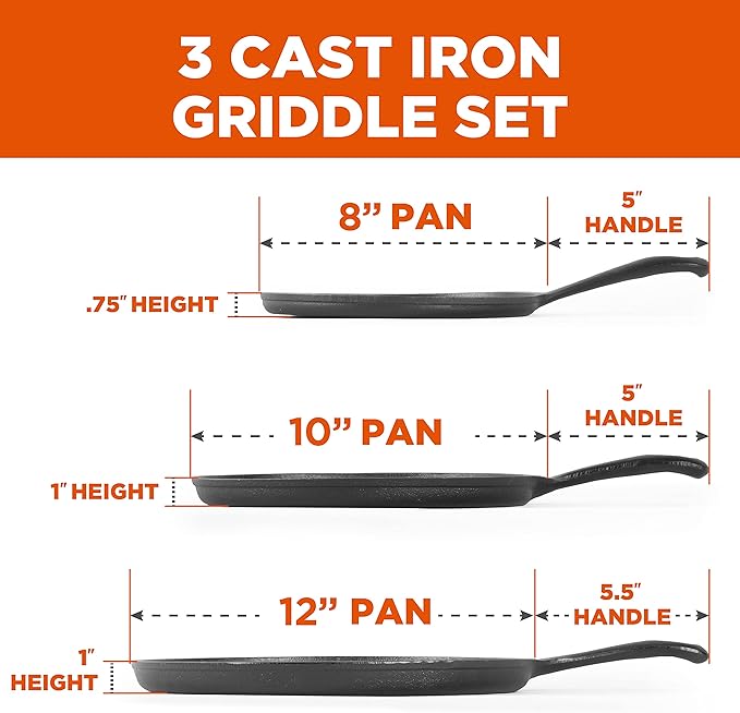 Commercial CHEF Round Cast Iron Griddle Pan 3-Piece Set ??8-inch, 10-inch, and 12-inch - Pre-seasoned Griddle Cast Iron Cookware
