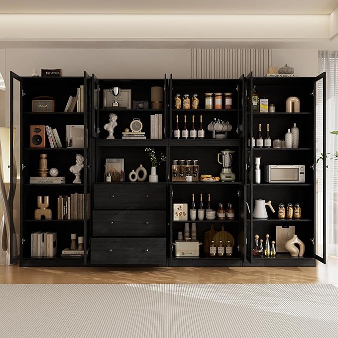 VOWNER 4PCS Bookshelf and Bookcase, 5-Tier Modern Bookshelves with 3 Large Drawer, Glass Display Cabinet with Lager Storage Shelf, Combination Storage Shelves for Home Office (Black)