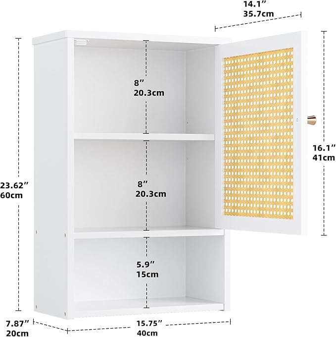 Bathroom Wall Cabinet, Bamboo Over-The-Toilet Storage Organizer with Rattan Doors and Adjustable Shelf, Space Saver Medicine Cabinet for Laundry, Kitchen, Living Room (White)