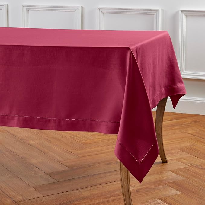 Solino Home Beet Linen Tablecloth 60 x 120 Inch - 100% Pure Linen Hemstitch Table Cloth for Rectangle Tables - Classic Hemstitch, Machine Washable Tablecloth for Valentines, Winter, Easter