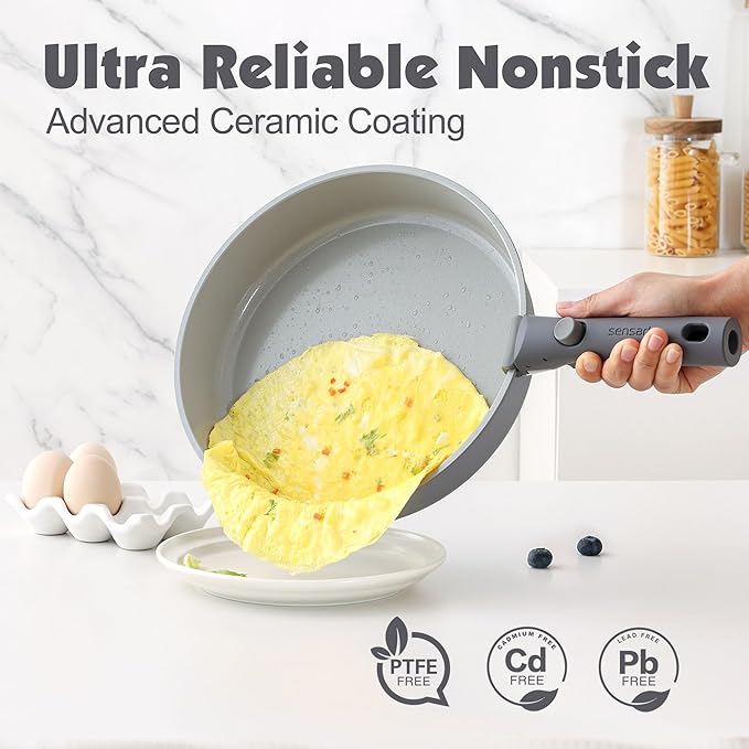 SENSARTE 24 Piece Ceramic Pots and Pans Set, Nonstick Detachable Handle Cookware, Induction Kitchen Cookware Set with Removable Handle, Healthy Non Stick for RV, Dishwasher竊냀ven Safe, PFOA Free (Gray)
