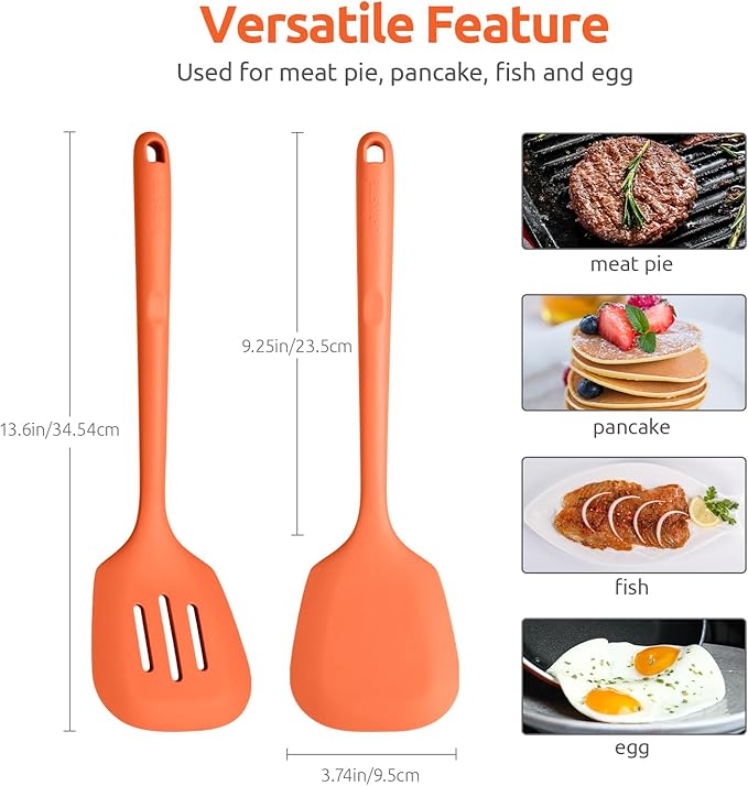 600쨘F Heat Resistant Silicone Turners: U-Taste 13.6in Long Solid & Slotted Kitchen Spatula Flipper, Large Flexible Cooking Utensil for Flipping Egg, Pancake in Nonstick Cookware(Orange, 2PCS)