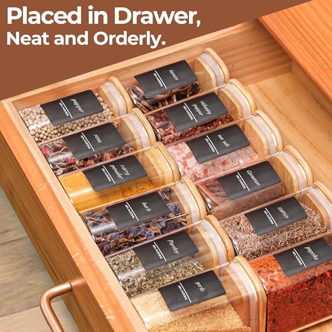 Comsaf Spice Jars with Label竊? oz Small Glass Jars with Lids, 6 Pcs Seasoning Containers, Rectangle Glass Containers with Lids, Empty Seasoning Jars for Pantry Storage, Loose Tea, Herbs, Powders, Salt