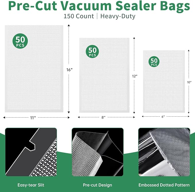 Aotto Vacuum Sealer Bags for Food - 150 Count Gallon 11" x 16" and Quart 8" x 12" and Pint 6" x 10 Commercial Grade BPA Free Vacuum Seal Bags for Food Storage, Meal Prep and Sous Vide