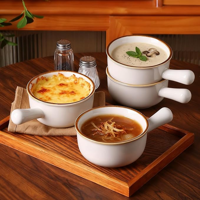 MONITO 28 Oz French Onion Soup Bowls, Ceramic Soup Bowls with Handles, Stackable Soup Crocks, Oven/Microwave/Dishwasher Safe, for Cereal, Soups, Casseroles