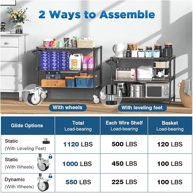 Leteuke Heavy Duty Rolling Utility Cart, 45 Inch Kitchen Carts with Wheels, NSF Commercial Grade with Handle & Shelf Liners, 1120LBS Storage Cart for Kitchen,Restaurant,Plant Display-Black