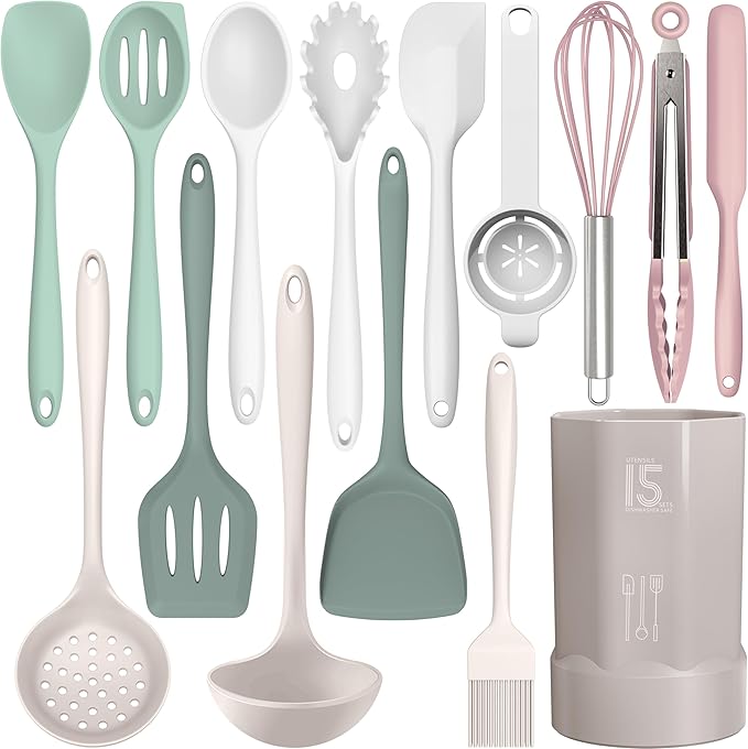 AOTHOD Silicone Cooking Utensils Set - 446째F Heat Resistant Silicone Kitchen Utensils,Spatula,Spoon, Kitchen Utensil Sets Gadgets Tools Set for Nonstick Cookware,Dishwasher Safe BPA FREE (Multicolor)