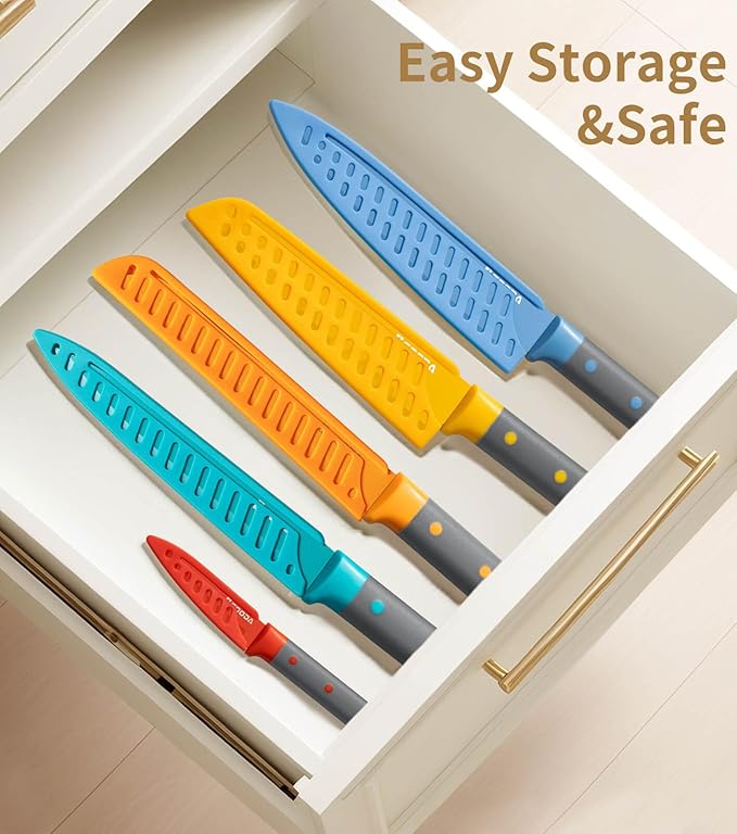 GOODA Knife Set,10 Pieces Nonstick Coating Kitchen Knife Set,Dishwasher Safe Stainless Steel Chef Cooking Knife Sets with 5 Blade Guards,Multicolor