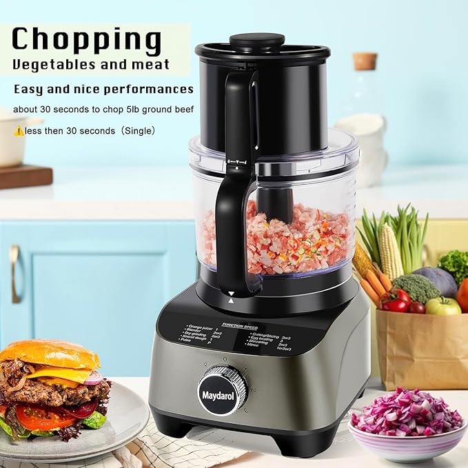 14 Cup Large Food Processor, XL Bowl, Large Chute for Blending, Mixing, Shredding, and Slicing, Meat and Vegetable Chopping, Doughing, All in One for kitchen,4 Speeds, 600W